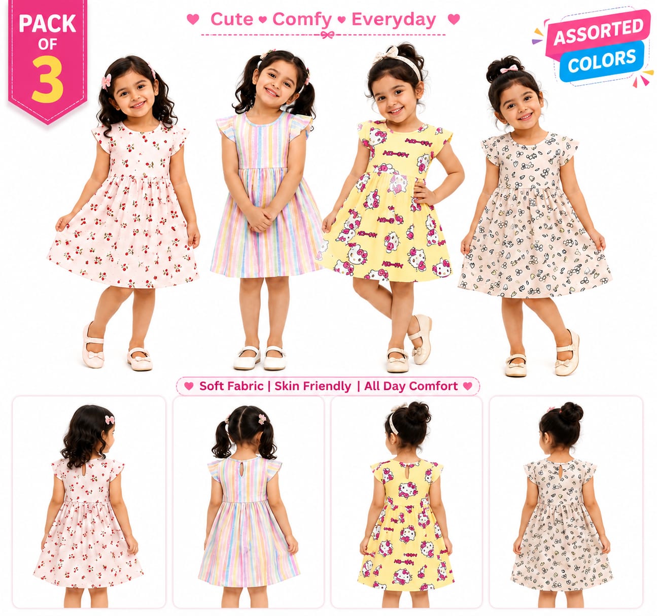 Branded Baby Girls' Frocks | Combo No 8 (Pack of 3 pieces)