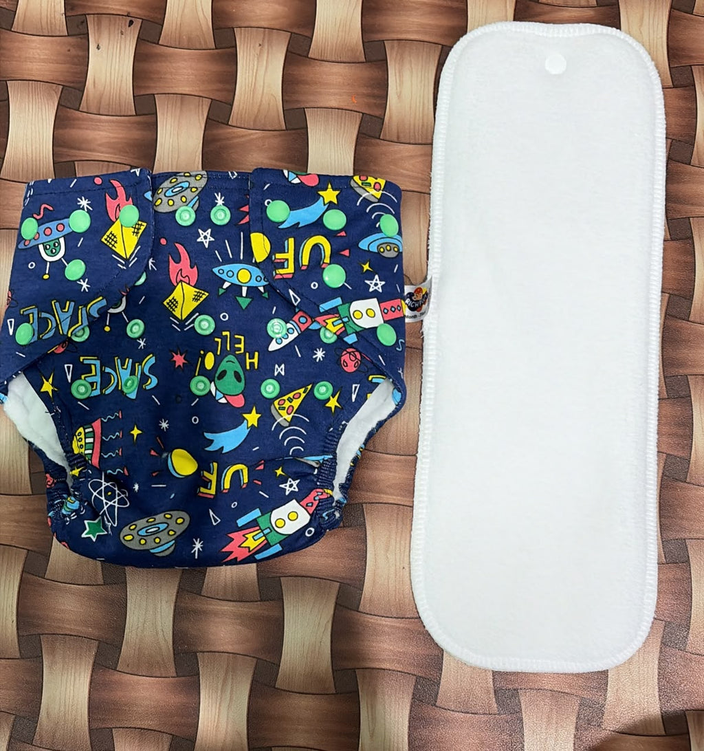 Reusable organic cloth button diaper with single pad